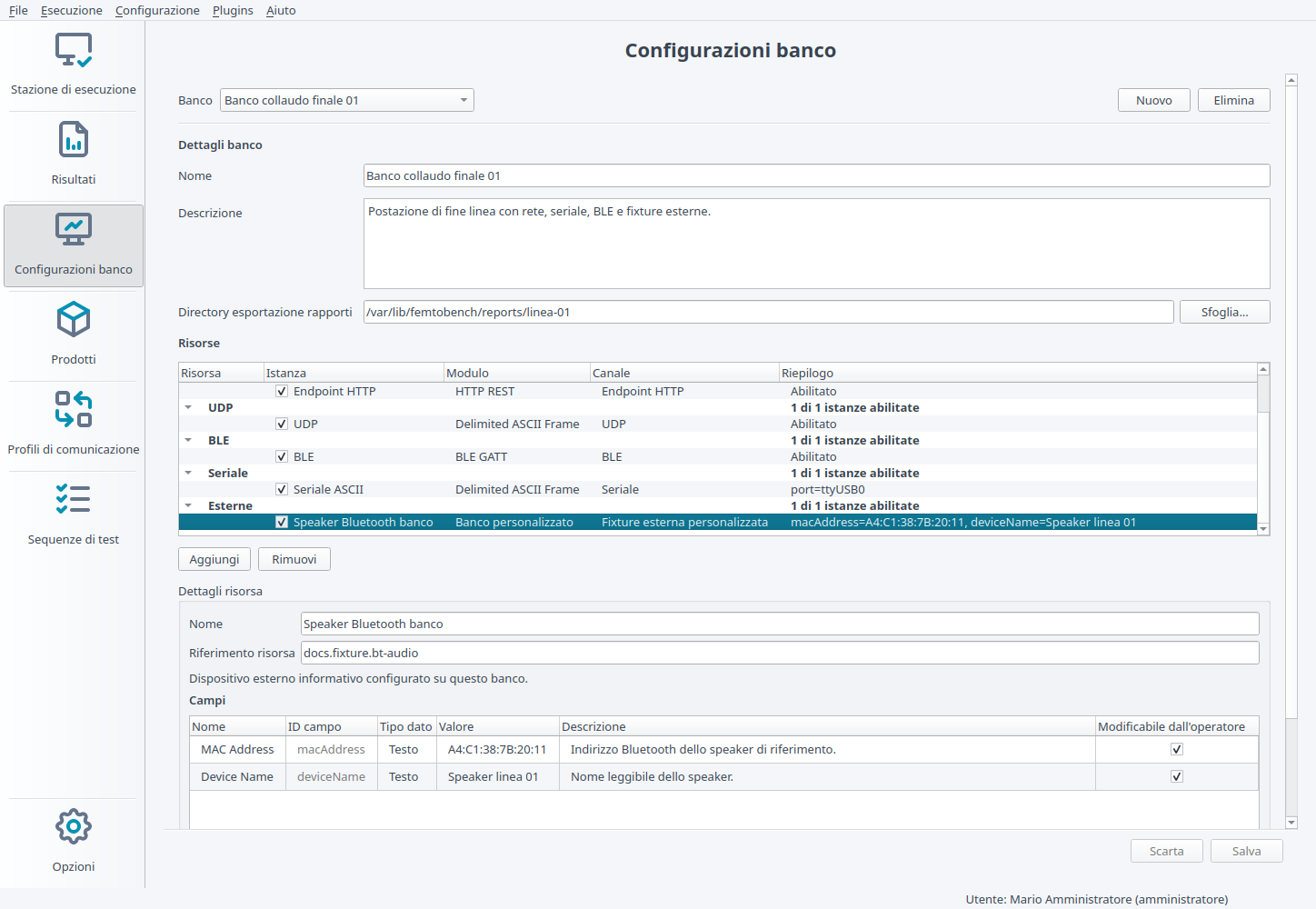 Editor delle configurazioni banco