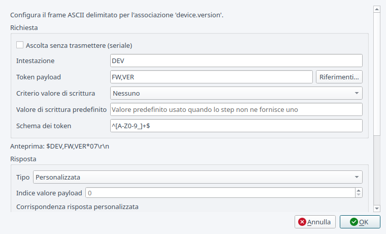 Configurazione di un collegamento Delimited ASCII Frame