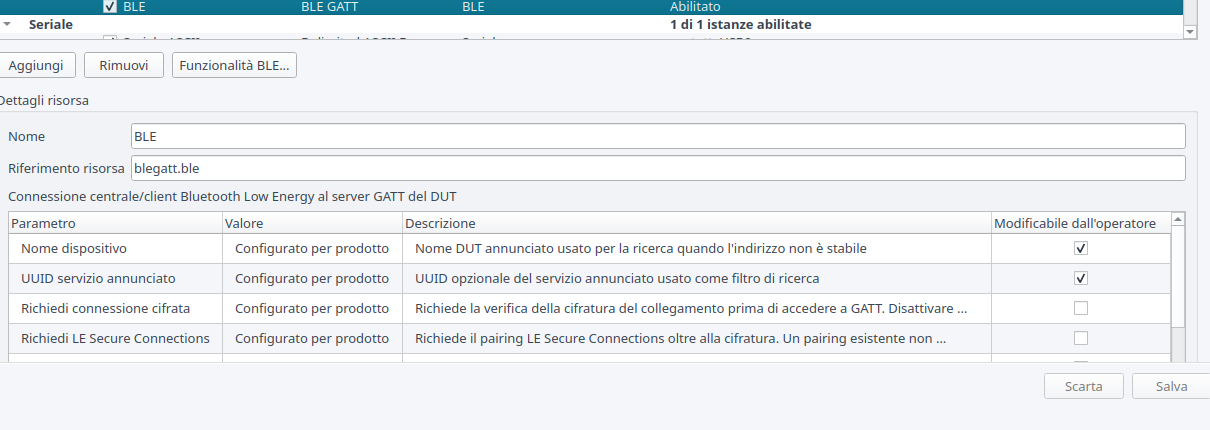 Istanza della risorsa BLE GATT nel banco