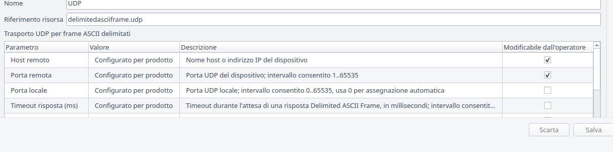 Istanza della risorsa Delimited ASCII Frame nel banco