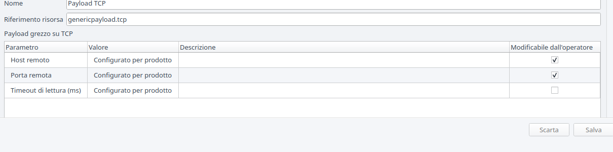 Istanza della risorsa Generic Payload nel banco