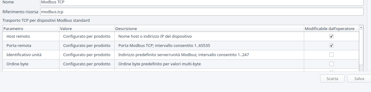 Istanza della risorsa Modbus TCP nel banco