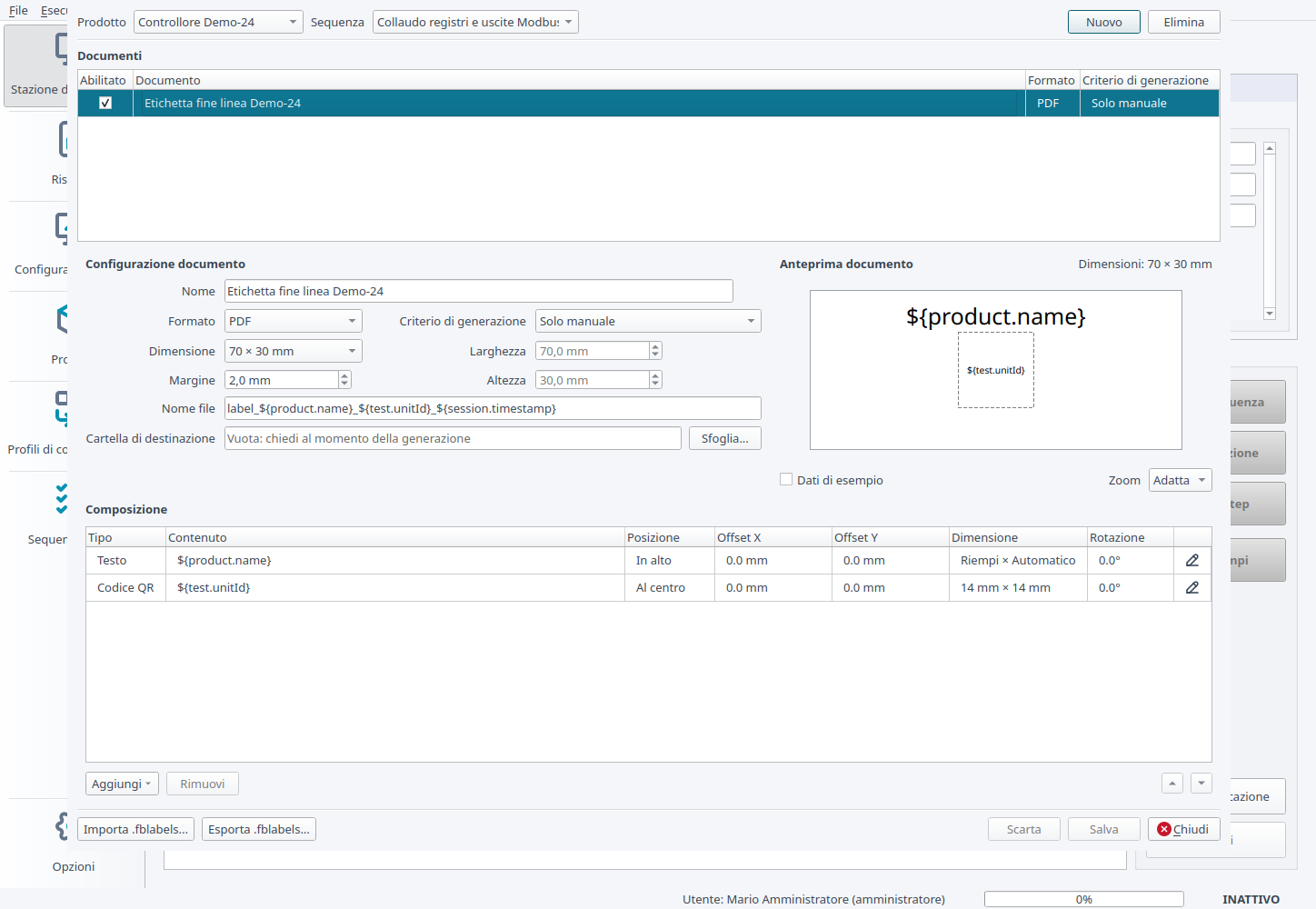 Configurazione di un documento etichetta