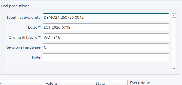 Inserimento dei dati di produzione
