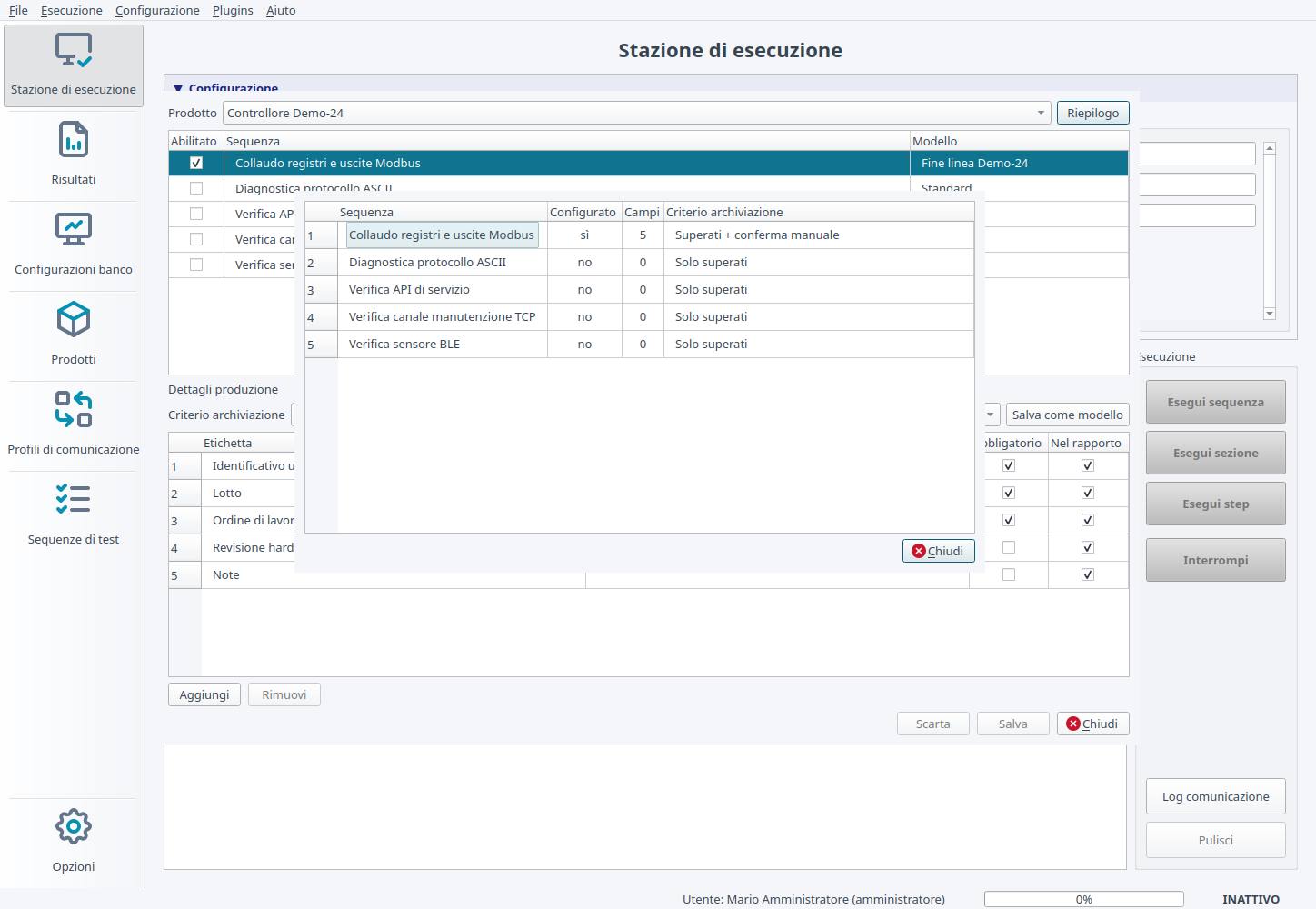 Riepilogo della configurazione Production Data